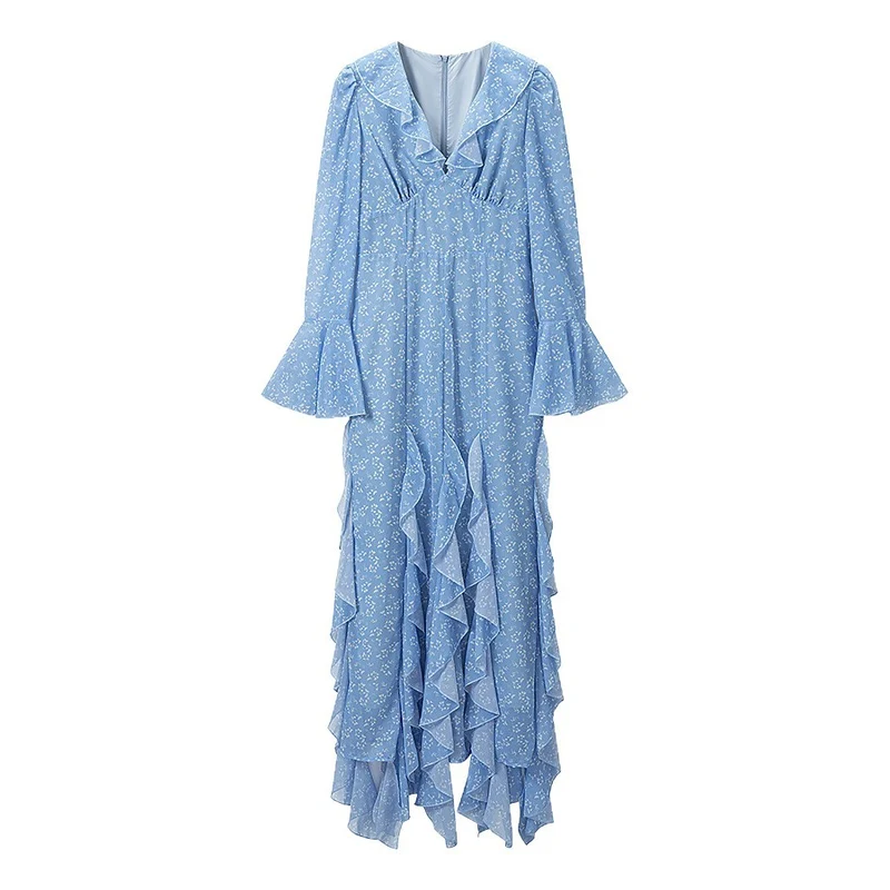 Damen Maxikleid mit V-Ausschnitt, Volantstufen und Trompetenärmeln Drune
