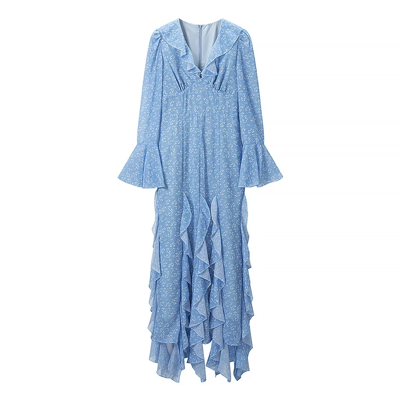Damen Maxikleid mit V-Ausschnitt, Volantstufen und Trompetenärmeln Drune