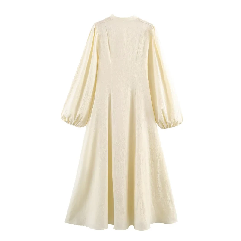Damen Maxikleid mit Stehkragen, durchgehender Knopfleiste und Ballonärmeln Drune