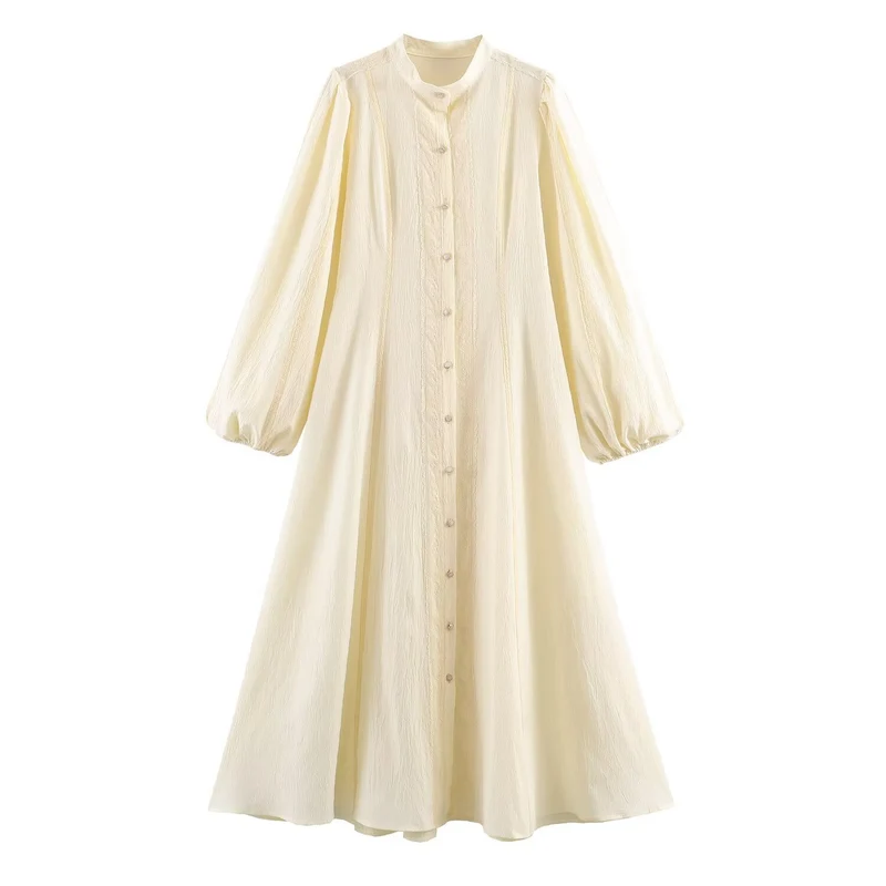 Damen Maxikleid mit Stehkragen, durchgehender Knopfleiste und Ballonärmeln Drune
