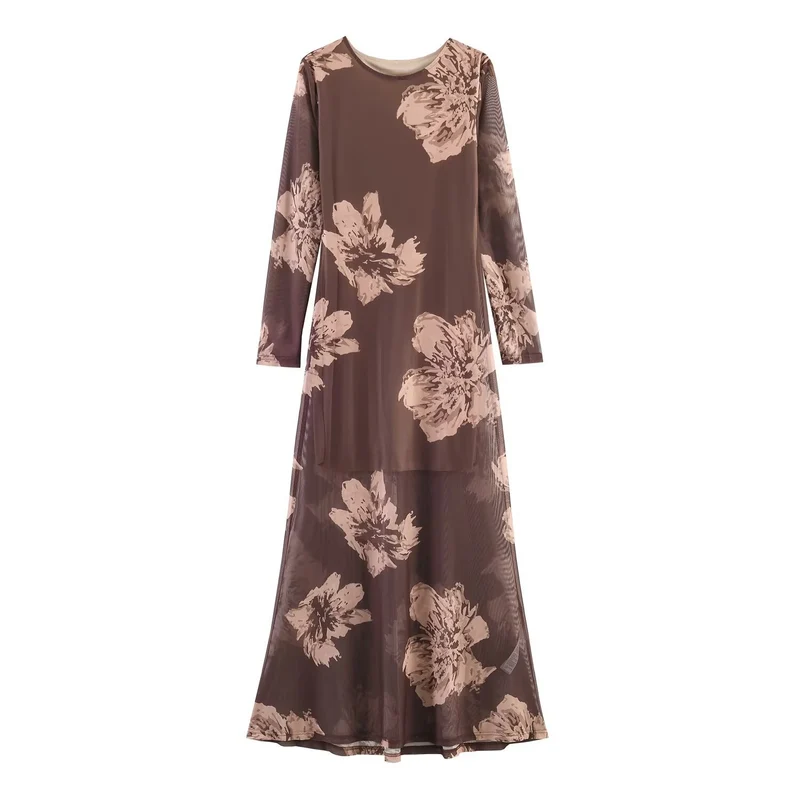 Damen Maxikleid mit semi-transparentem Mesh-Overlay, langen Ärmeln und ausgestellter A-Linie Drune