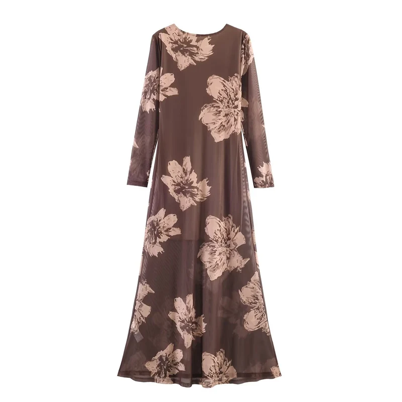Damen Maxikleid mit semi-transparentem Mesh-Overlay, langen Ärmeln und ausgestellter A-Linie Drune