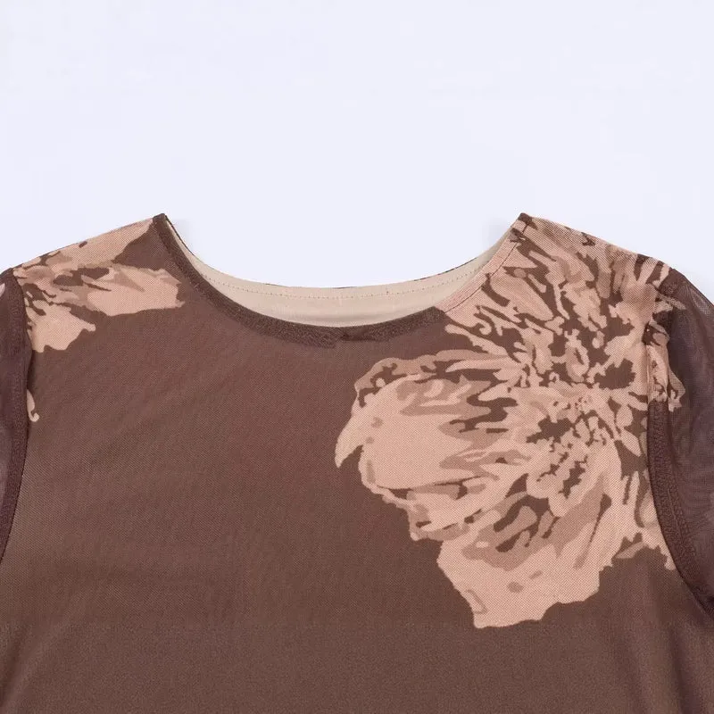 Damen Maxikleid mit semi-transparentem Mesh-Overlay, langen Ärmeln und ausgestellter A-Linie Drune
