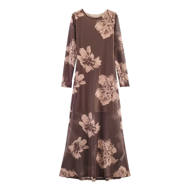 Damen Maxikleid mit semi-transparentem Mesh-Overlay, langen Ärmeln und ausgestellter A-Linie Drune