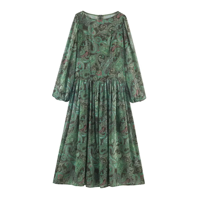 Damen Maxikleid mit Paisley-Print, transparentem Chiffon und Ballonärmeln Drune