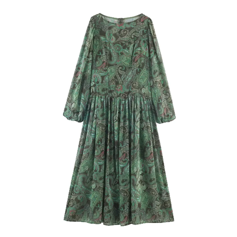 Damen Maxikleid mit Paisley-Print, transparentem Chiffon und Ballonärmeln Drune
