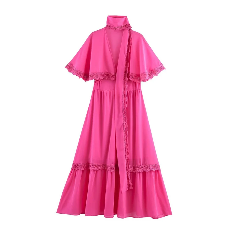 Damen Maxikleid mit Capelet, Stehkragen und Spitzenverzierung Drune