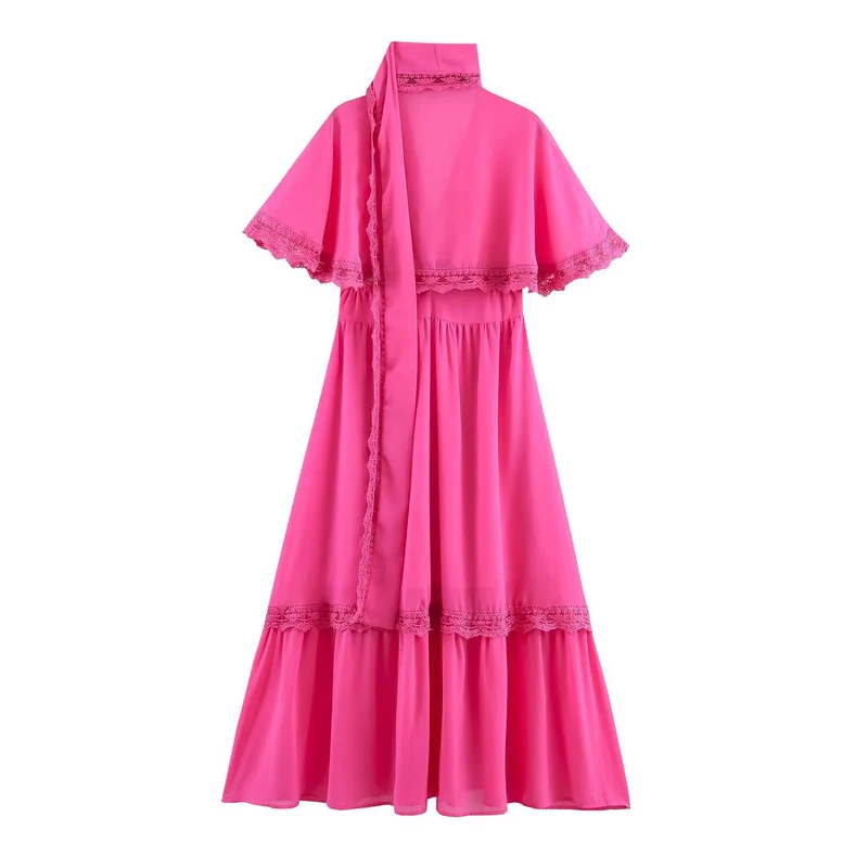 Damen Maxikleid mit Capelet, Stehkragen und Spitzenverzierung Drune