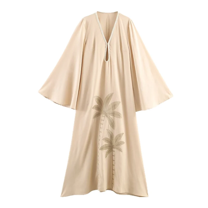 Damen Maxikleid-Kaftan mit Trompetenärmeln und Palmenstickerei Drune