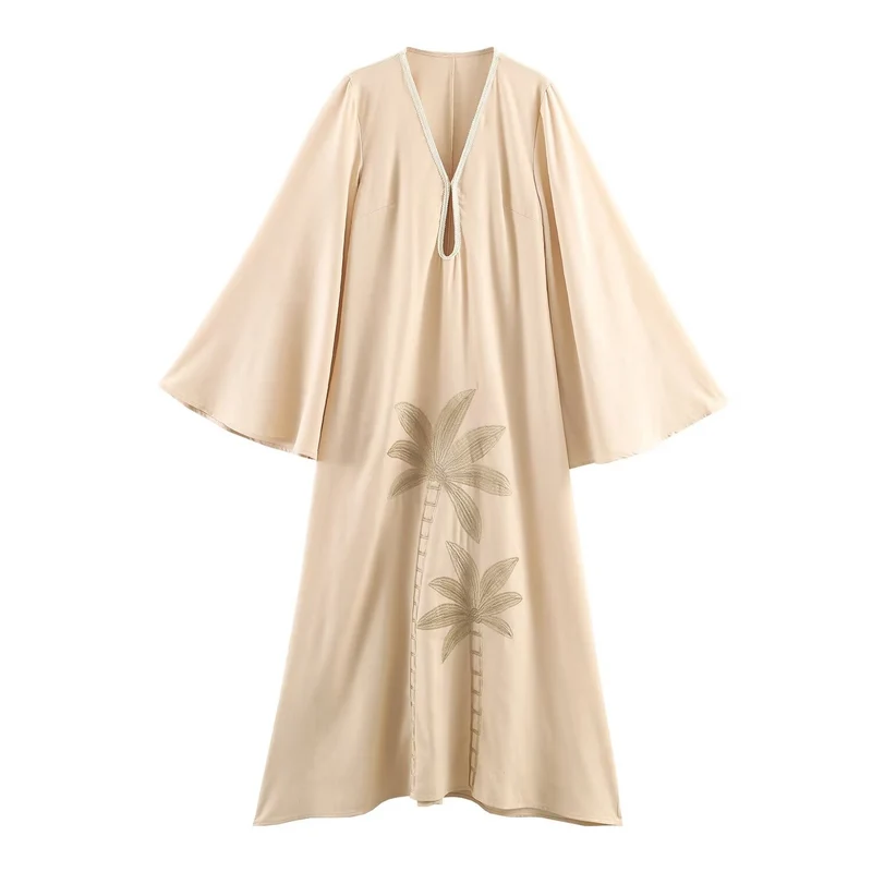 Damen Maxikleid-Kaftan mit Trompetenärmeln und Palmenstickerei Drune
