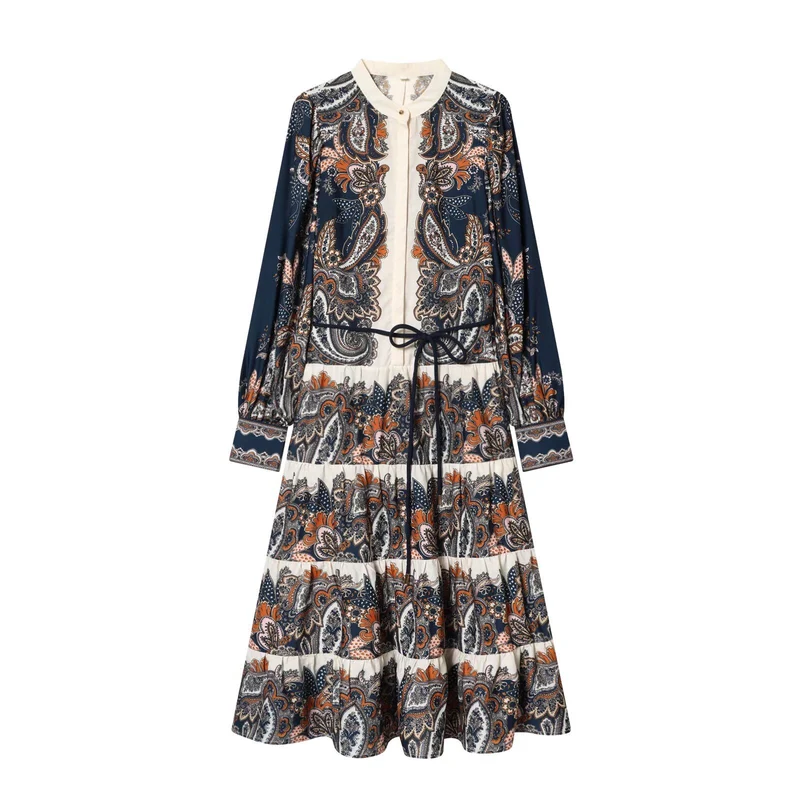 Damen Maxikleid im Stufenrock-Design mit Paisley-Print, Stehkragen und Taillenschnur Drune