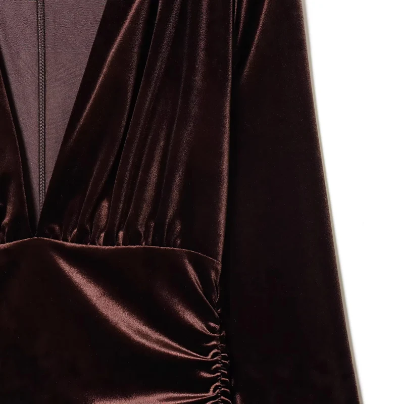 Damen Maxikleid aus Samt mit tiefem V‑Ausschnitt und Taillenraffung Drune