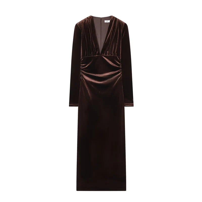 Damen Maxikleid aus Samt mit tiefem V‑Ausschnitt und Taillenraffung Drune