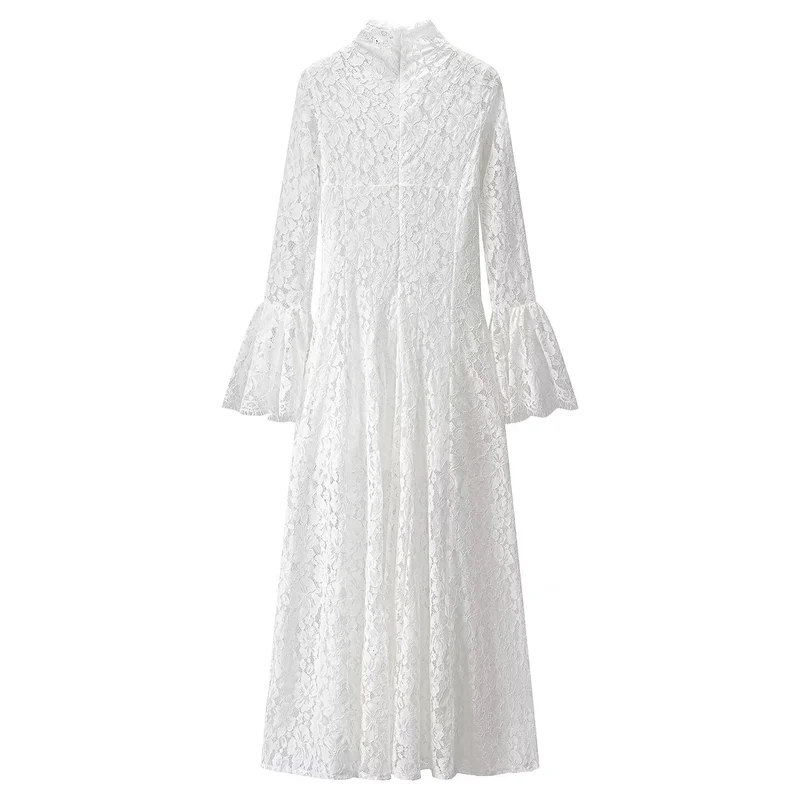 Damen Maxikleid aus floraler Spitze mit hohem Stehkragen und Glockenärmeln Drune