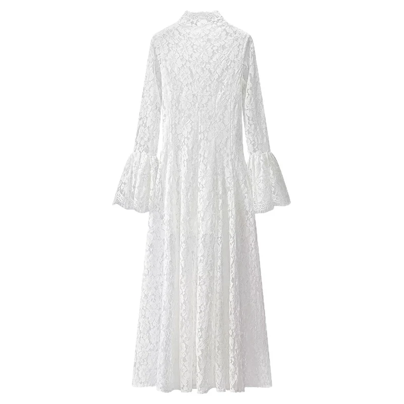 Damen Maxikleid aus floraler Spitze mit hohem Stehkragen und Glockenärmeln Drune