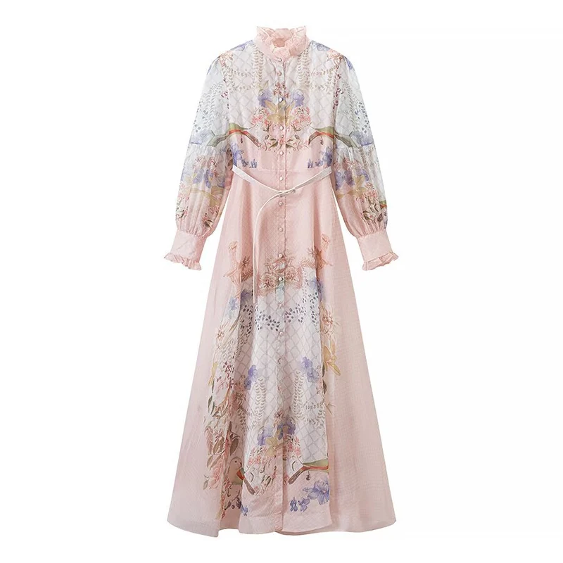 Damen Maxikleid aus Chiffon mit floralem Print, Stehkragen und Puffärmeln Drune