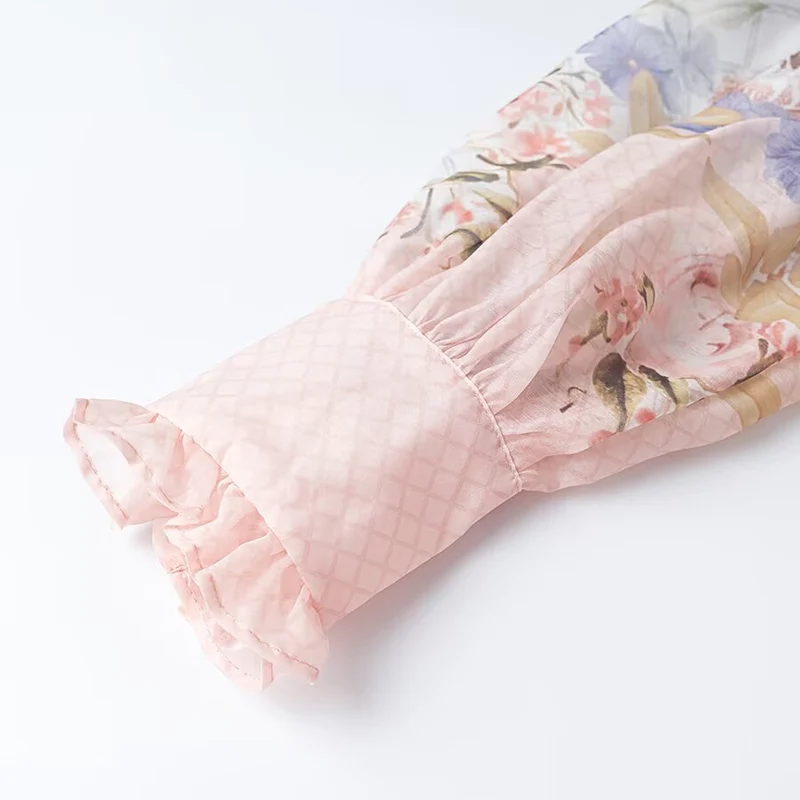 Damen Maxikleid aus Chiffon mit floralem Print, Stehkragen und Puffärmeln Drune