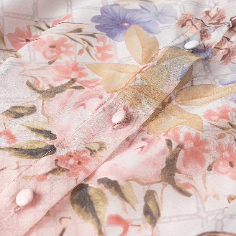 Damen Maxikleid aus Chiffon mit floralem Print, Stehkragen und Puffärmeln Drune