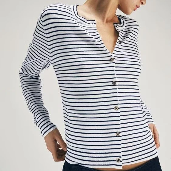 Damen Maritimer Feinstrick-Cardigan mit feinen Streifen und Perlmuttknöpfen Drune