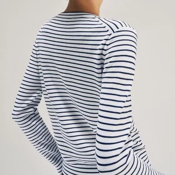 Damen Maritimer Feinstrick-Cardigan mit feinen Streifen und Perlmuttknöpfen Drune