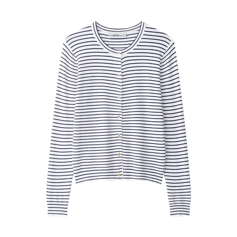 Damen Maritimer Feinstrick-Cardigan mit feinen Streifen und Perlmuttknöpfen Drune