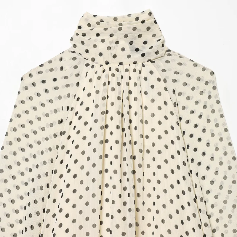 Damen Luftige Chiffon-Bluse mit Polka-Dots, Drapiertem Schlauchkragen und Ballonärmeln Drune