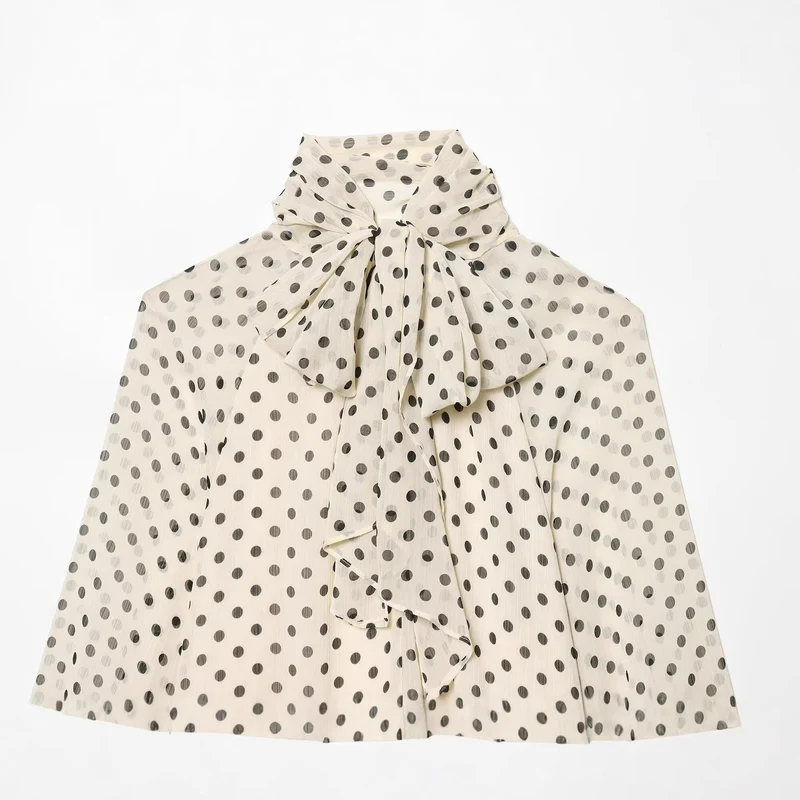 Damen Luftige Chiffon-Bluse mit Polka-Dots, Drapiertem Schlauchkragen und Ballonärmeln Drune