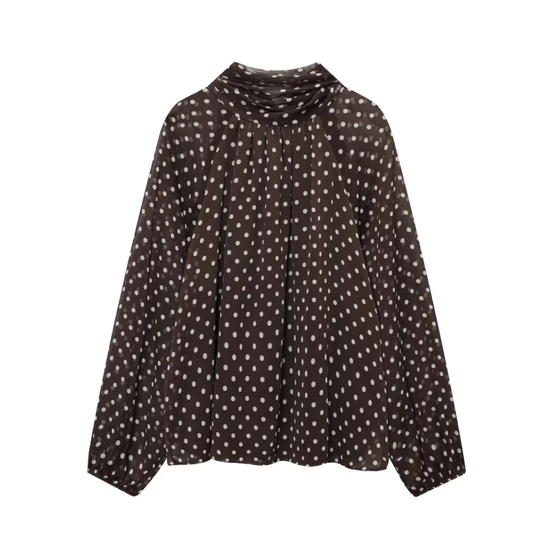 Damen Luftige Chiffon-Bluse mit Polka-Dots, Drapiertem Schlauchkragen und Ballonärmeln Drune