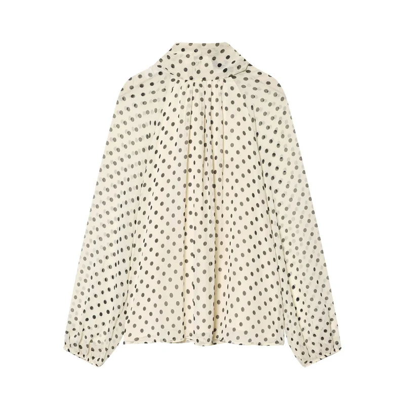 Damen Luftige Chiffon-Bluse mit Polka-Dots, Drapiertem Schlauchkragen und Ballonärmeln Drune