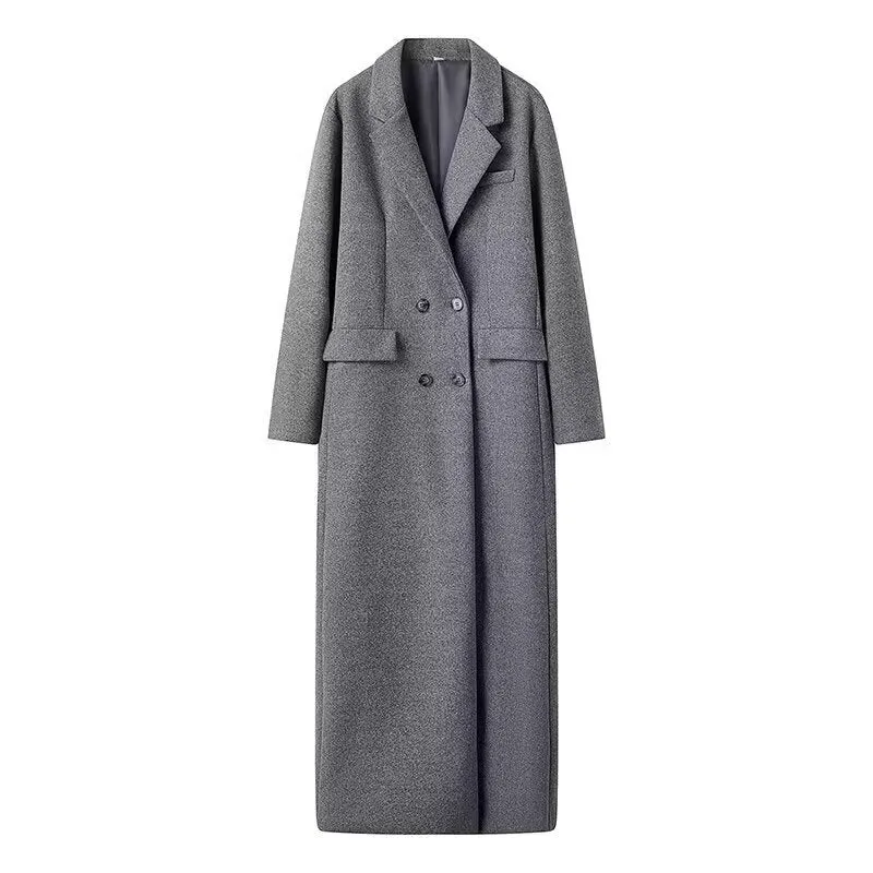 Damen Longline Wollmix-Mantel im minimalistischen Doppelreiher mit Reverskragen und Pattentaschen Drune