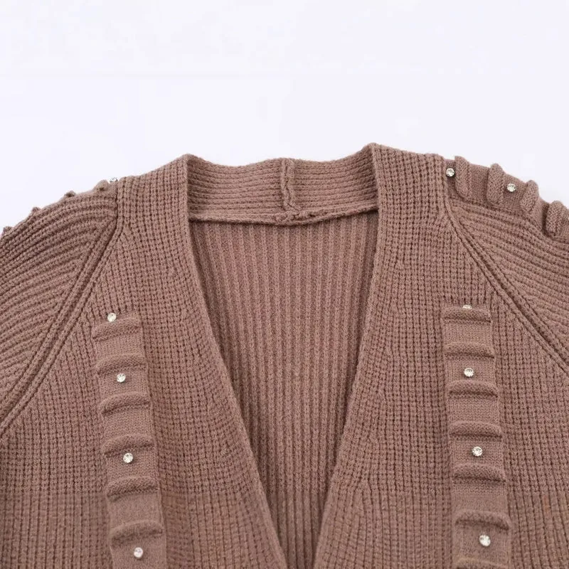 Damen Longline Strickcardigan mit Perlen- und Rüschendetail offene Front Drune