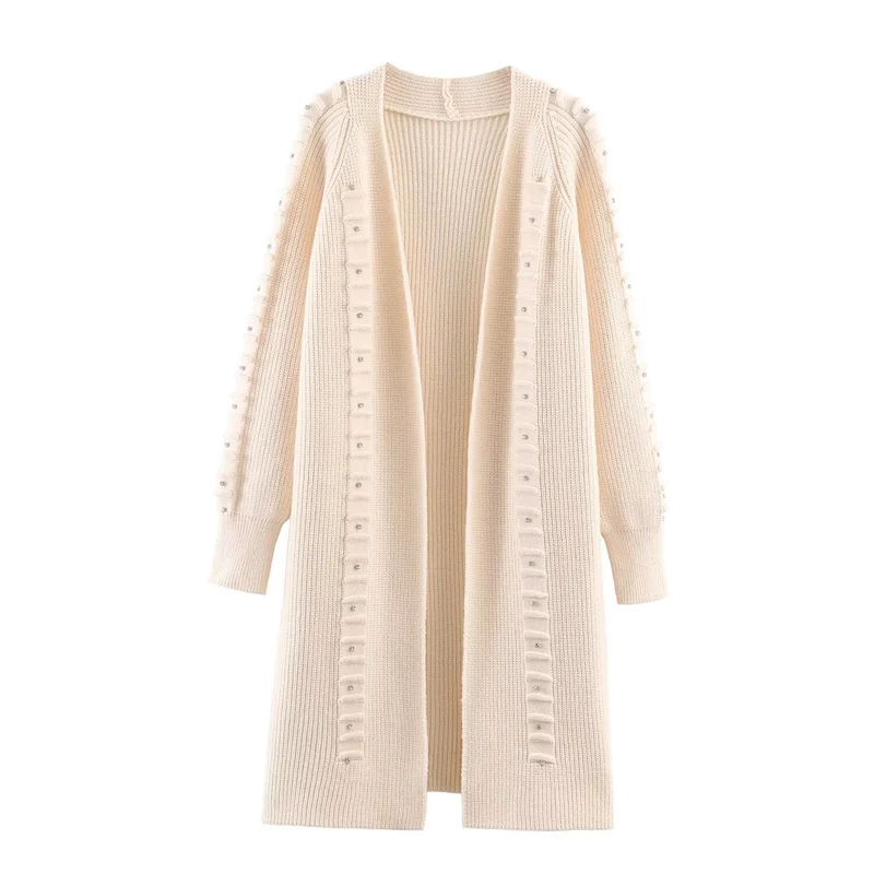 Damen Longline Strickcardigan mit Perlen- und Rüschendetail offene Front Drune