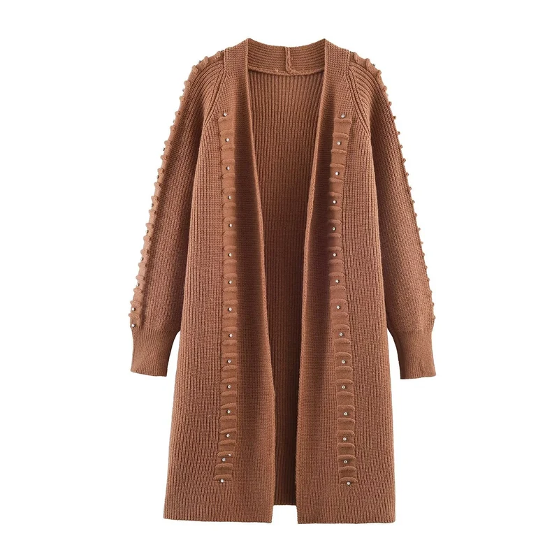 Damen Longline Strickcardigan mit Perlen- und Rüschendetail offene Front Drune