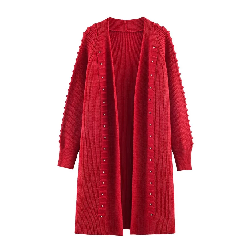 Damen Longline Strickcardigan mit Perlen- und Rüschendetail offene Front Drune
