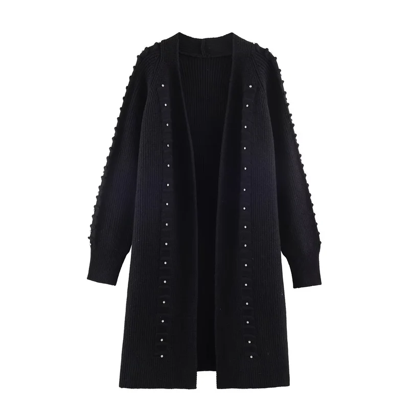 Damen Longline Strickcardigan mit Perlen- und Rüschendetail offene Front Drune