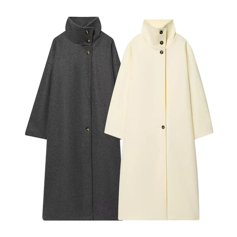 Damen Longline-Mantel mit Funnelkragen und minimalistischer Frontknopfleiste Drune