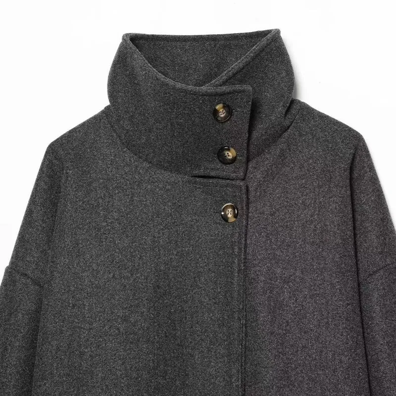 Damen Longline-Mantel mit Funnelkragen und minimalistischer Frontknopfleiste Drune