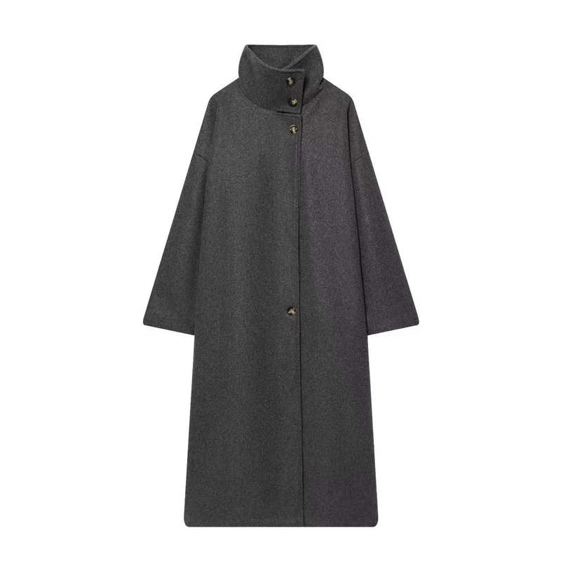 Damen Longline-Mantel mit Funnelkragen und minimalistischer Frontknopfleiste Drune