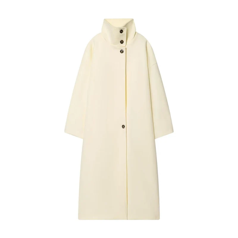 Damen Longline-Mantel mit Funnelkragen und minimalistischer Frontknopfleiste Drune