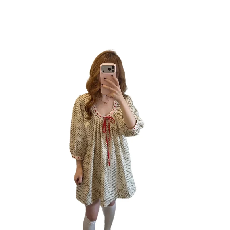 Damen Lockeres Babydoll-Minikleid mit geraffter Taille, Puffärmeln und Bindeschleife Drune
