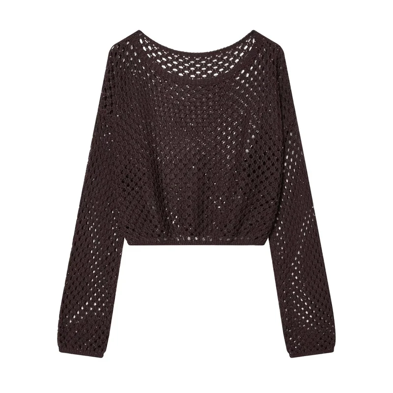 Damen Lockerer gehäkelter Cropped‑Pullover mit Ajourmuster Drune