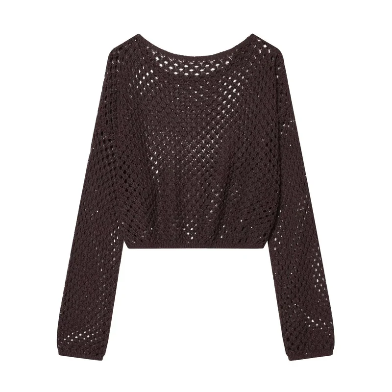 Damen Lockerer gehäkelter Cropped‑Pullover mit Ajourmuster Drune
