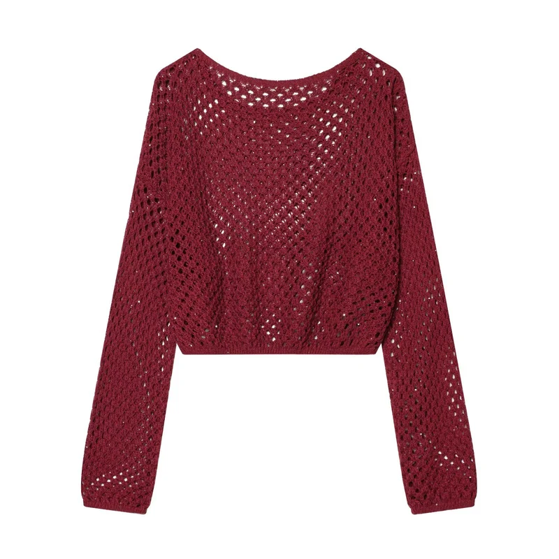 Damen Lockerer gehäkelter Cropped‑Pullover mit Ajourmuster Drune