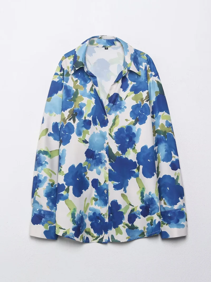 Damen Locker geschnittene seidenähnliche Hemdbluse mit Aquarell-Print Drune