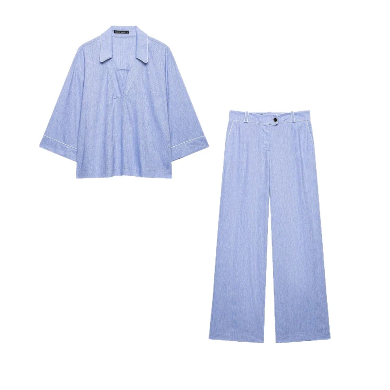 Damen Leichtes Leinenoptik-Zweiteiler mit oversized Hemdoberteil und Highwaist Wide‑Leg Hose Drune