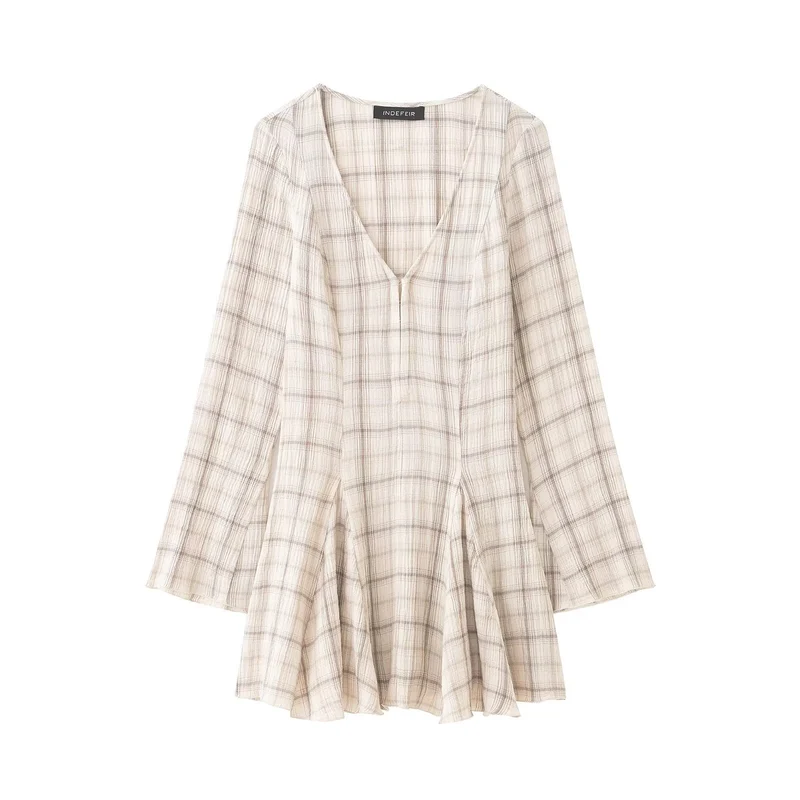 Damen Leichtes kariertes Sommerkleid mit tiefem V-Ausschnitt und Glockenärmeln Drune