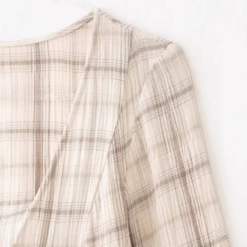 Damen Leichtes kariertes Sommerkleid mit tiefem V-Ausschnitt und Glockenärmeln Drune