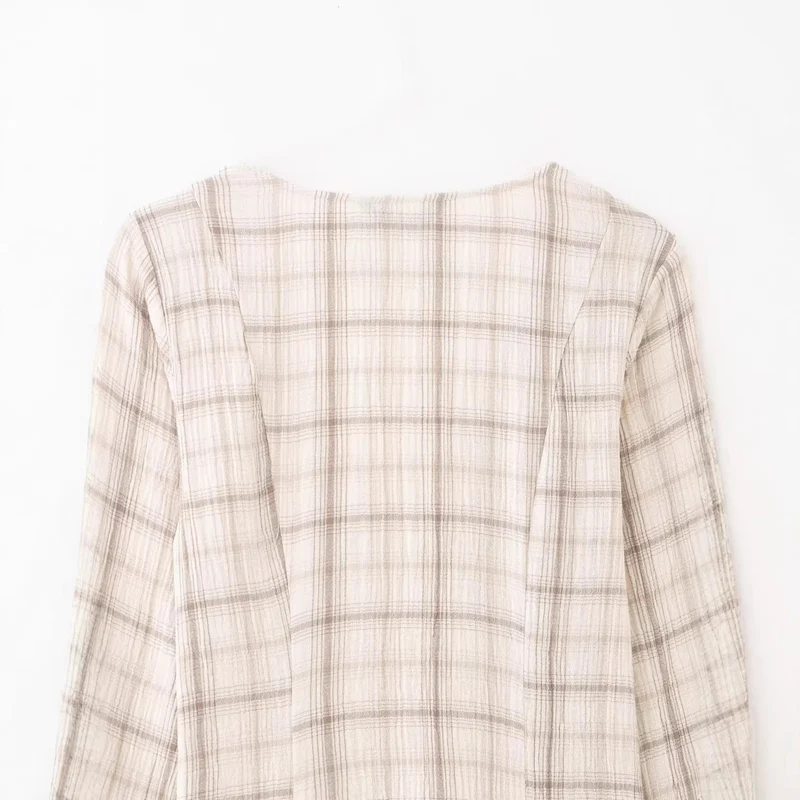 Damen Leichtes kariertes Sommerkleid mit tiefem V-Ausschnitt und Glockenärmeln Drune