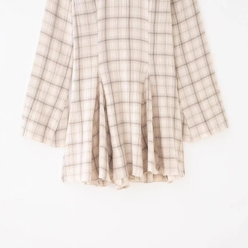 Damen Leichtes kariertes Sommerkleid mit tiefem V-Ausschnitt und Glockenärmeln Drune