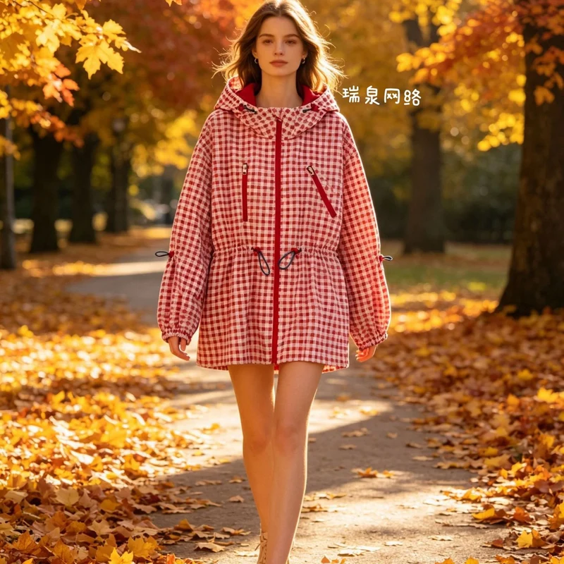 Damen Leichter Vichy‑Karo‑Parka mit Kapuze, Tunnelzugtaillierung und Reißverschlusstaschen Drune